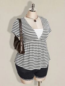 SHEIN ICON Women's Plus Size Black & Grey Striped 2 In 1 T-Shirt - Grey - View 8