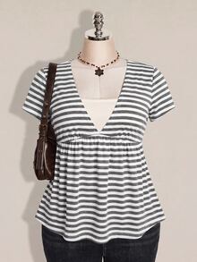 SHEIN ICON Women's Plus Size Black & Grey Striped 2 In 1 T-Shirt - Grey - View 5