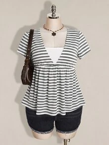 SHEIN ICON Women's Plus Size Black & Grey Striped 2 In 1 T-Shirt - Grey - View 4