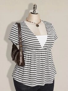 SHEIN ICON Women's Plus Size Black & Grey Striped 2 In 1 T-Shirt - Grey - View 2
