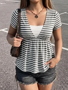 SHEIN ICON Women's Plus Size Black & Grey Striped 2 In 1 T-Shirt - Grey - View 1