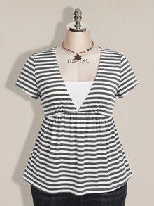 SHEIN ICON Women's Plus Size Black & Grey Striped 2 In 1 T-Shirt - Grey - View 7