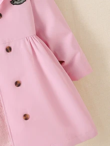 SHEIN Explorewe 女童粉色雙排扣抓絨內裡連帽夾克，可愛學院風徽章風衣，休閒喇叭下擺，秋冬保暖保溫外套 - 粉色 - 查看 4