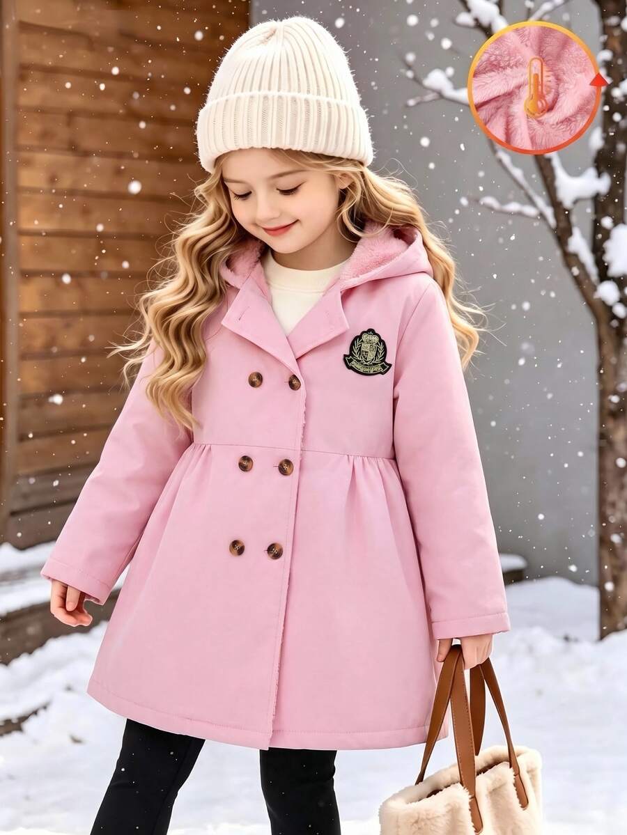 SHEIN Explorewe 女童粉色雙排扣抓絨內裡連帽夾克,可愛學院風徽章風衣,休閒喇叭下擺,秋冬保暖保溫外套 - 粉色 - 查看 1