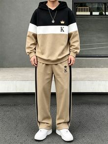 青少年男孩休閒舒適長袖連帽衛衣與長褲套裝 - 卡其色 - 查看 1
