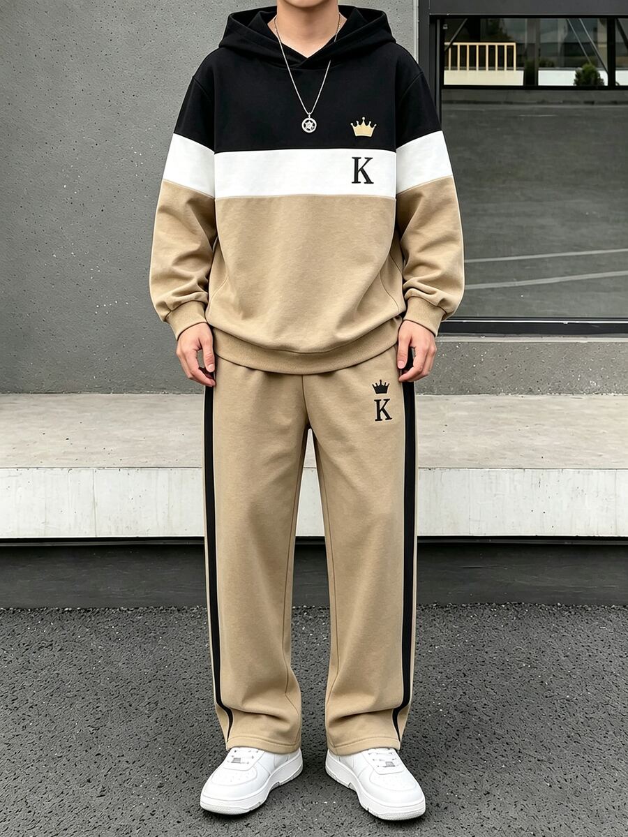 青少年男孩休閒舒適長袖連帽衛衣與長褲套裝 - 卡其色 - 查看 1