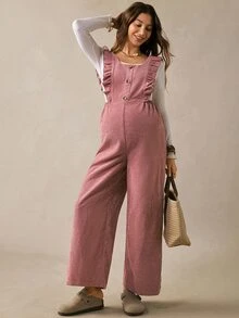 Boho Mama Maternity Fashion Versatile Button Ruffle Hem Jumpsuit Casual Birth Gender Reveal Pregnancy Summer Autumn Outfit Country Concert Cute Chic Going Out - Pink - View 7