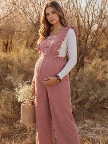 Boho Mama Maternity Fashion Versatile Button Ruffle Hem Jumpsuit Casual Birth Gender Reveal Pregnancy Summer Autumn Outfit Country Concert Cute Chic Going Out - Pink - View 10