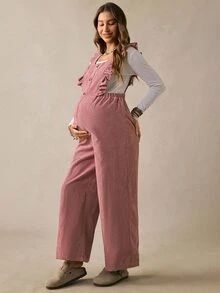 Boho Mama Maternity Fashion Versatile Button Ruffle Hem Jumpsuit Casual Birth Gender Reveal Pregnancy Summer Autumn Outfit Country Concert Cute Chic Going Out - Pink - View 5