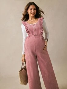 Boho Mama Maternity Fashion Versatile Button Ruffle Hem Jumpsuit Casual Birth Gender Reveal Pregnancy Summer Autumn Outfit Country Concert Cute Chic Going Out - Pink - View 8