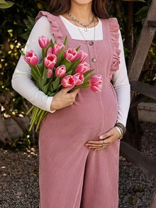 Boho Mama Maternity Fashion Versatile Button Ruffle Hem Jumpsuit Casual Birth Gender Reveal Pregnancy Summer Autumn Outfit Country Concert Cute Chic Going Out - Pink - View 1