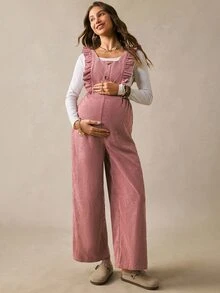 Boho Mama Maternity Fashion Versatile Button Ruffle Hem Jumpsuit Casual Birth Gender Reveal Pregnancy Summer Autumn Outfit Country Concert Cute Chic Going Out - Pink - View 2