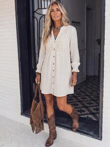 Breezaya Women's Autumn Bohemian White V-Neck Cutout Front Panel Patchwork Embroidered Crochet Lace Ruffle Button Long Sleeve Lettuce Hem Loose A-Line Dress - Beige - View 4