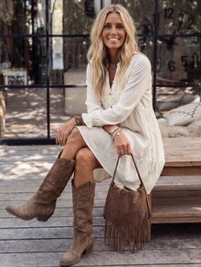Breezaya Women's Autumn Bohemian White V-Neck Cutout Front Panel Patchwork Embroidered Crochet Lace Ruffle Button Long Sleeve Lettuce Hem Loose A-Line Dress - Beige - View 7