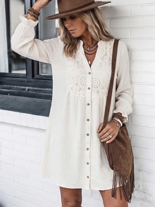 Breezaya Women's Autumn Bohemian White V-Neck Cutout Front Panel Patchwork Embroidered Crochet Lace Ruffle Button Long Sleeve Lettuce Hem Loose A-Line Dress - Beige - View 5
