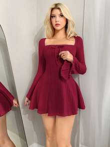 Sweetina Y2k Solid Color Square Neck Flare Sleeve Mini Y2K Fall Women Long Sleeve Going Out Dress, Spring Autumn ,Dresses For Women Elegant - Burgundy - View 5