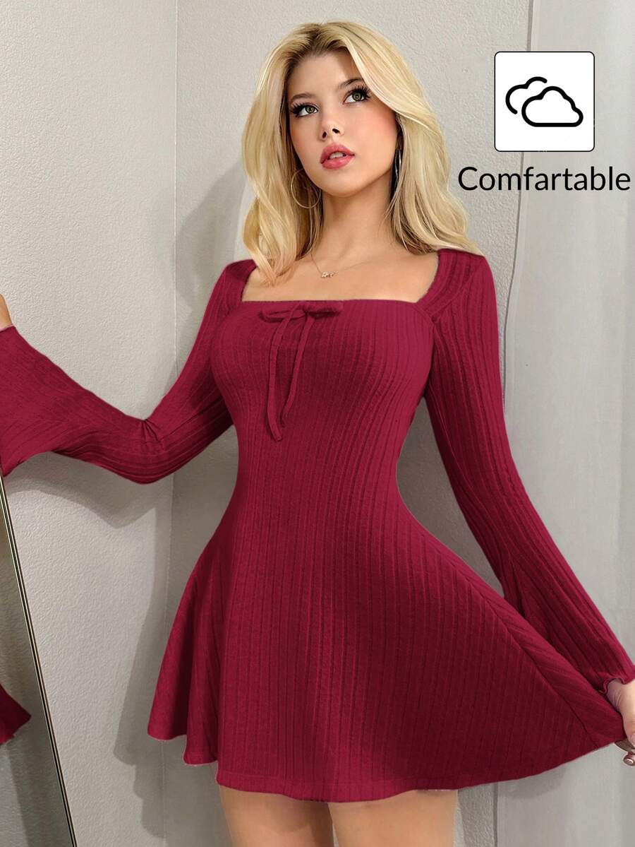 Sweetina Y2k Solid Color Square Neck Flare Sleeve Mini Y2K Fall Women Long Sleeve Going Out Dress, Spring Autumn ,Dresses For Women Elegant - Burgundy - View 1