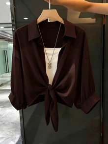 Franclia Women's Solid Color Casual Versatile Daily Wear Shirt - Brown - View 3