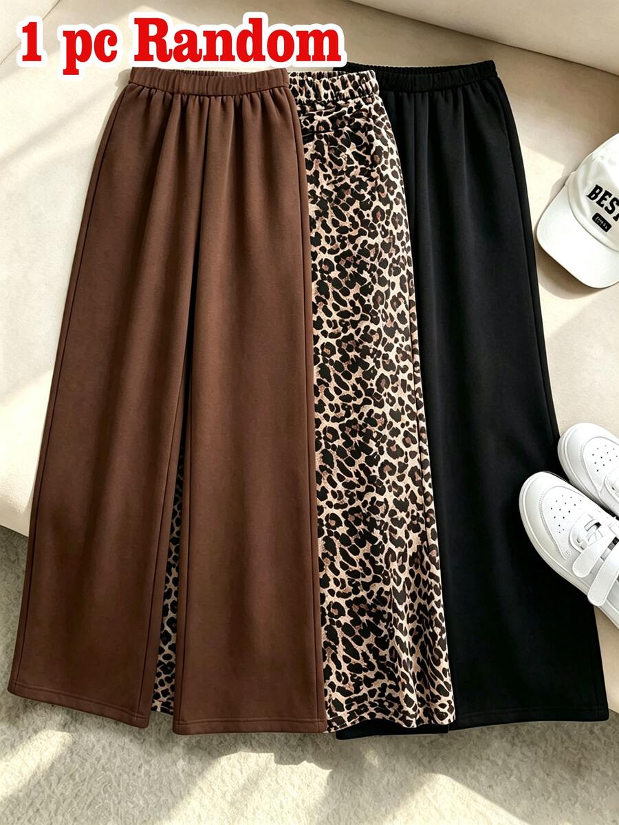 1 Pc Random Girls' Straight Leg Sweatpants In Black, Dark Brown, Brown, Leopard Print Pattern Printe - Multicolor - View 1