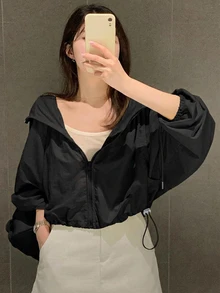 DAZY 休閒連帽輕便短款長袖女款襯衫 秋季 - 黑色 - 查看 1