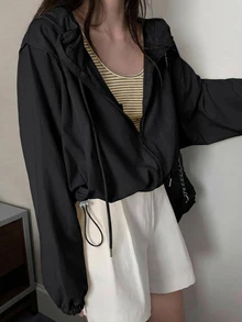 DAZY 休閒連帽輕便短款長袖女款襯衫 秋季 - 黑色 - 查看 5