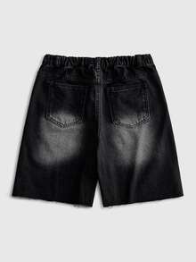 ROMWE MEN Street Life Teenager Denim Shorts Summer New Washed Frayed Hem Loose Fit Denim Mid-Length Shorts Y2K Punk Street Style Print Summer Casual Wide Leg Shorts - Black - View 2