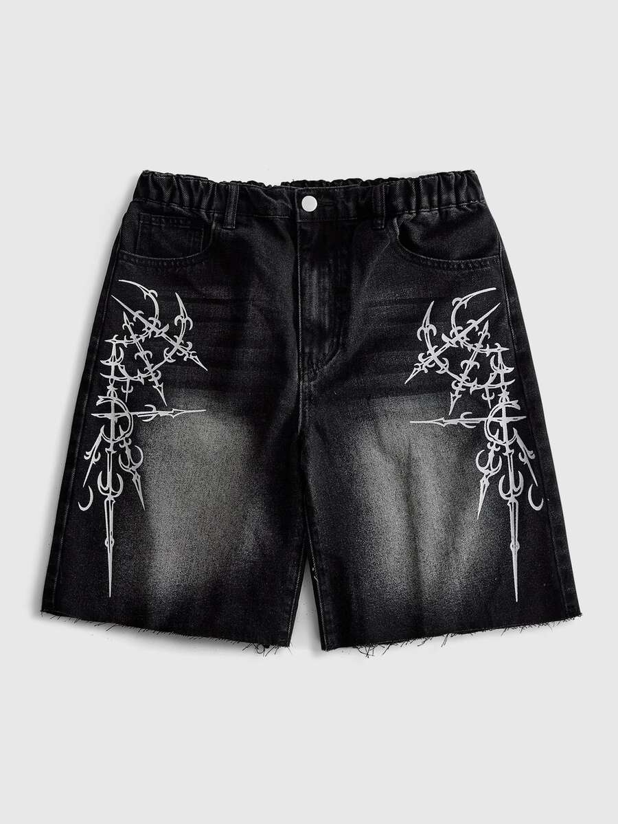 ROMWE MEN Street Life Teenager Denim Shorts Summer New Washed Frayed Hem Loose Fit Denim Mid-Length Shorts Y2K Punk Street Style Print Summer Casual Wide Leg Shorts - Black - View 1