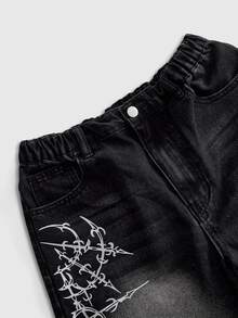 ROMWE MEN Street Life Teenager Denim Shorts Summer New Washed Frayed Hem Loose Fit Denim Mid-Length Shorts Y2K Punk Street Style Print Summer Casual Wide Leg Shorts - Black - View 3