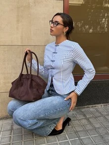 Siren Gaze Women's Striped Casual Versatile Daily Wear Shirt - Blue and White - View 9