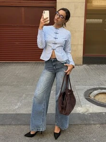 Siren Gaze Women's Striped Casual Versatile Daily Wear Shirt - Blue and White - View 4