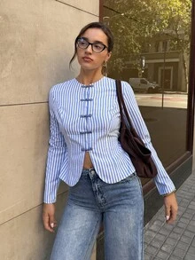 Siren Gaze Women's Striped Casual Versatile Daily Wear Shirt - Blue and White - View 5