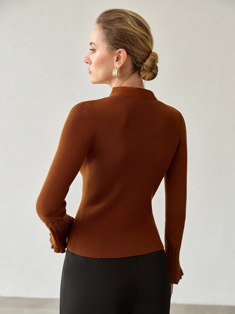 MOTF PREMIUM WOMEN'S KNOTTED COLLAR BELL SLEEVE SWEATER - Coffee Brown - View 4