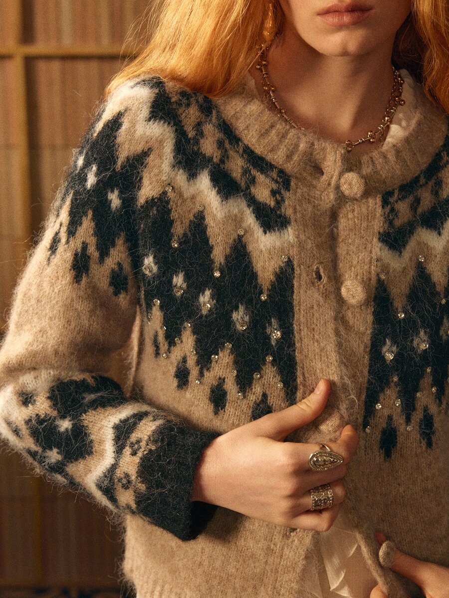 MOTF STUDIO ROUND NECK VINTAGE GEO PATTERN KNIT CARDIGAN - Khaki - View 2