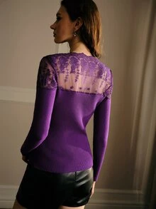 MOTF PREMIUM LIGHT LUXURY EXQUISITE LACE SHOULDER SEXY RIBBED SLIMMING KNIT SWEATER TOP - Purple - View 4