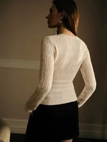 MOTF PREMIUM SOLID V-NECK BUTTON DETAIL POINTELLE KNIT SWEATER - White - View 6