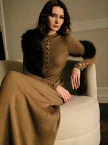 MOTF PREMIUM AUTUMN/WINTER GENTLE LUXURY COMMUTE & DATE HIGH-END RIBBED KNIT HOLLOW CHEST METAL BUTTON EMBELLISHED CINCHED WAIST FLARED COFFEE COLOR WOMEN'S LONG SWEATER DRESS - Mocha Brown - View 7