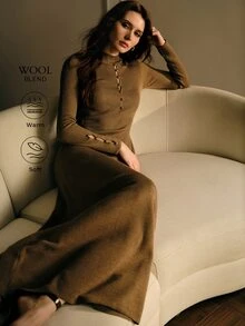 MOTF PREMIUM AUTUMN/WINTER GENTLE LUXURY COMMUTE & DATE HIGH-END RIBBED KNIT HOLLOW CHEST METAL BUTTON EMBELLISHED CINCHED WAIST FLARED COFFEE COLOR WOMEN'S LONG SWEATER DRESS - Mocha Brown - View 2