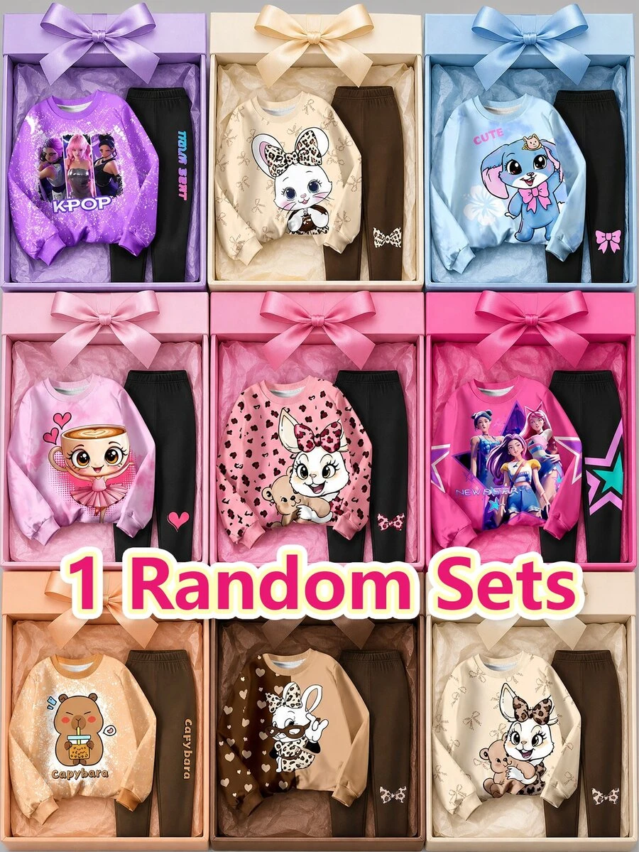 1 Random Set Digital Print Capybara & Rabbit Graphic Fashion Girl Group Print Big Tween Girls Crew Neck Sweatshirt And Leggings Set, Casual Style, Suitable For Autumn/Winter - Multicolor - View 1