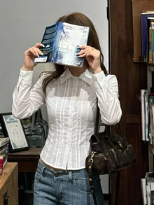 DAZY 純色翻領修身短袖白色女款襯衫長袖秋季 - 白色 - 查看 3