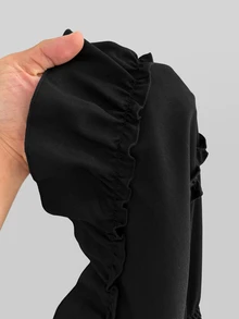 Sunspun Blus Kasual Komuter Lengan Panjang Hitam Ukuran Besar Gaya Prancis dengan Pinggang yang Dikencangkan, Musim Gugur/Musim Dingin/Halloween - Hitam - View 8