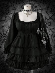 Sunspun Blus Kasual Komuter Lengan Panjang Hitam Ukuran Besar Gaya Prancis dengan Pinggang yang Dikencangkan, Musim Gugur/Musim Dingin/Halloween - Hitam - View 1