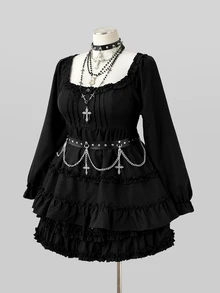 Sunspun Blus Kasual Komuter Lengan Panjang Hitam Ukuran Besar Gaya Prancis dengan Pinggang yang Dikencangkan, Musim Gugur/Musim Dingin/Halloween - Hitam - View 6