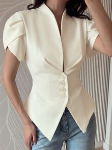 Lumalex 夏季奶油白色優雅V領收腰前排扣西裝外套，休閒早午餐與度假穿搭 - 杏色 - 查看 4