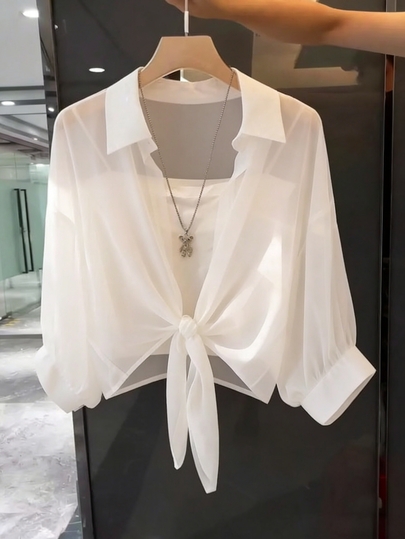 Franclia Women's Casual Solid Color Lace-Up Shirt White Tie Front Top Tie Front Blouse White Blouses Elegant Tie Up Shirt