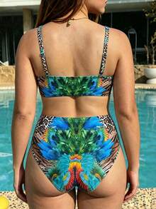 SHEIN Swim 2026 Spring/Summer Latest Fashion Casual Vacation Printed Feather & Leopard Print Plus Size Women Swimwear Set - Multicolor - View 2