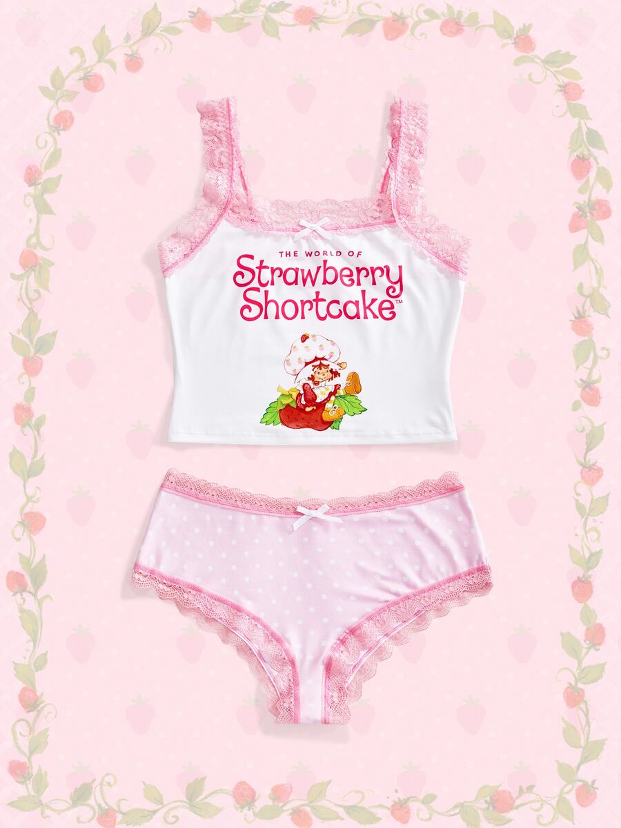 Strawberry Shortcake | ROMWE Cute Strawberry Collaboration Lace Patchwork Polka Dot Bow Non-Wired Women's Lingerie Set - Pink - View 1