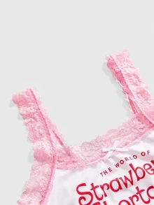Strawberry Shortcake | ROMWE Cute Strawberry Collaboration Lace Patchwork Polka Dot Bow Non-Wired Women's Lingerie Set - Pink - View 4