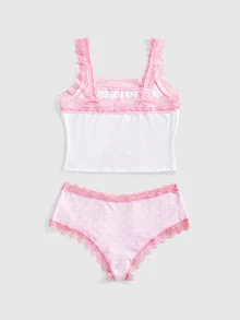 Strawberry Shortcake | ROMWE Cute Strawberry Collaboration Lace Patchwork Polka Dot Bow Non-Wired Women's Lingerie Set - Pink - View 2