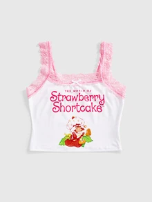 Strawberry Shortcake | ROMWE Cute Strawberry Collaboration Lace Patchwork Polka Dot Bow Non-Wired Women's Lingerie Set - Pink - View 8