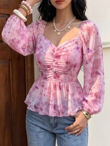 Modelyn 新款春夏蝴蝶印花雪纺衬衫，收腰显瘦设计 - 彩色 - 查看 8